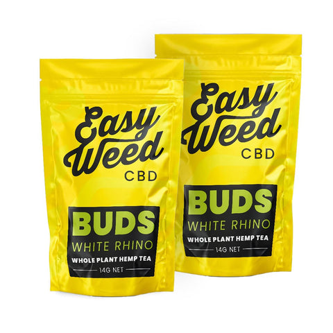 Easy Weed White Rhino CBD flower, 12% CBDa, organic, greenhouse-grown, pine, earth, and citrus aroma.