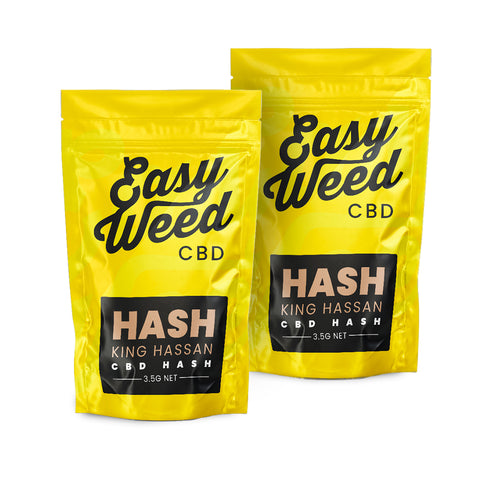Easy Weed King Hassan CBD+CBG Hash, 7% CBG, 5% CBD, pine-citrus scent, <0.2% THC, organic, non-psychoactive.