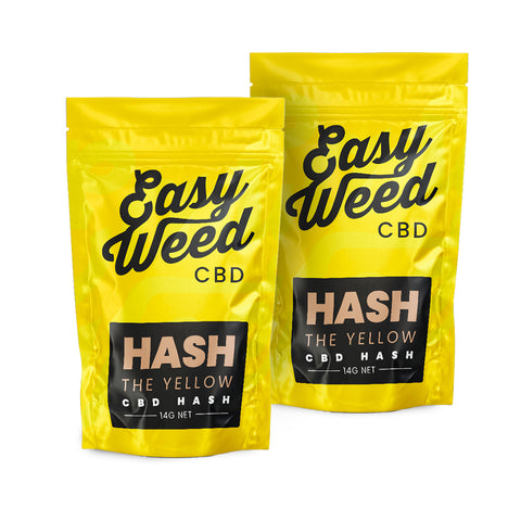 Easy Weed's artisanal Yellow CBD Hash, 19% CBD, beige-yellow, sandy texture, 100% legal, <0.2% THC, slow-sieved, cold-pressed, Skunk-like taste, for educational use.