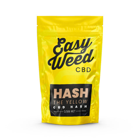 Easy Weed's artisanal Yellow CBD Hash, 19% CBD, beige-yellow, sandy texture, 100% legal, <0.2% THC, slow-sieved, cold-pressed, Skunk-like taste, for educational use.