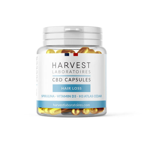 Harvest CBD Capsules for hair growth, 1500mg CBD, Atlas Cedar, spirulina, Vitamin D3, organic, THC-free.