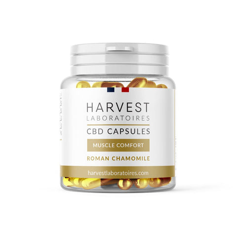 Harvest CBD Muscle Comfort Capsules, 1500mg CBD, with Roman Chamomile, organic, gluten-free, natural flavors, <0.2% THC.