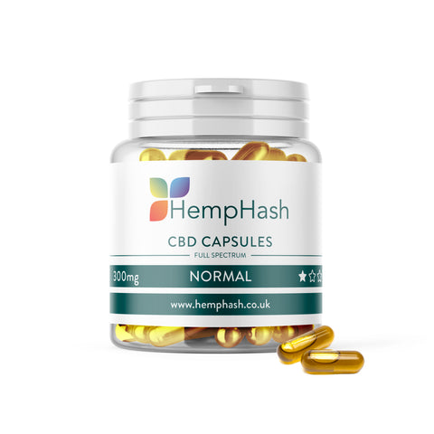 Hemphash 300mg CBD Capsules, CO2 cold extracted, 10mg CBD per capsule, with coconut MCT oil, <0.2% THC, natural compounds.