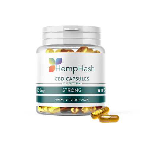 Hemphash 750mg CBD Capsules, 25mg per capsule, CO2 extraction, coconut MCT oil, <0.2% THC.