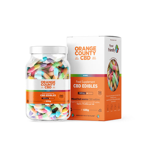 Orange County CBD Gummy Worms, 1600mg CBD, assorted flavors, THC-free, vegan-friendly, in a 455g tub.