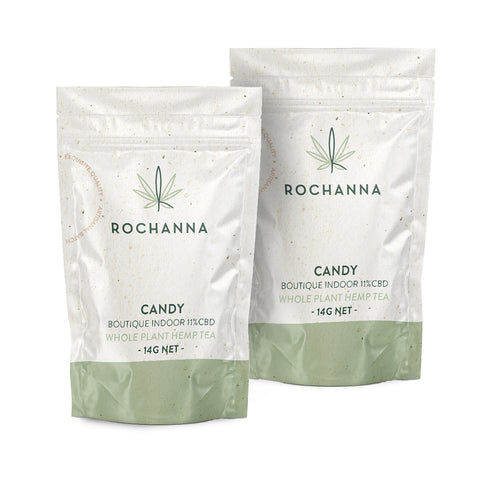 Rochanna's Candy CBD, sweet candy aroma, 40% Indica/60% Sativa hybrid, for hemp tea infusion, <0.2% THC.