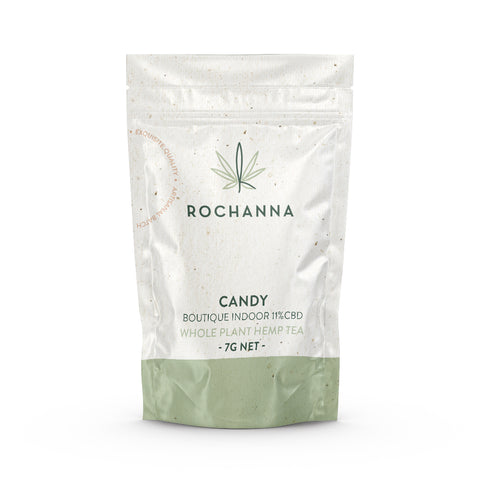 Rochanna's Candy CBD, sweet candy aroma, 40% Indica/60% Sativa hybrid, for hemp tea infusion, <0.2% THC.