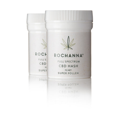 Rochanna Super Pollen CBD Hash, 18.86% CBD, with hemp trichomes, <1mg THC, for educational use.