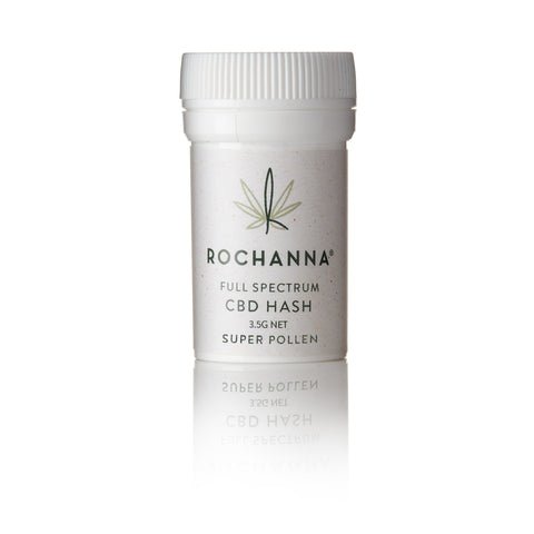 Rochanna Super Pollen CBD Hash, 18.86% CBD, with hemp trichomes, <1mg THC, for educational use.