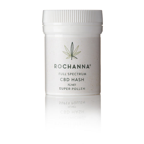 Rochanna Super Pollen CBD Hash, 18.86% CBD, with hemp trichomes, <1mg THC, for educational use.