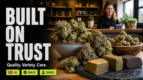 Premium hemp flower and hash are arranged on a refined boutique counter with a softly blurred customer-service setting behind them.