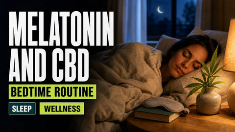 A person sleeps in a softly lit bedroom beside a bedside table with a hemp sprig, book, and sleep mask.