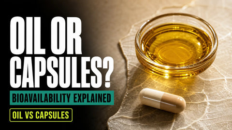 A split still life shows golden hemp oil in a glass dish beside a neutral capsule on a warm stone surface.