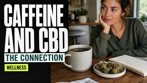 A coffee mug and a small dish of hemp flower sit side by side on a softly lit kitchen table.