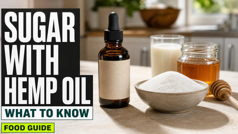 An unbranded amber hemp oil bottle stands beside a bowl of sugar, honey, and a glass of milk on a sunlit kitchen table.