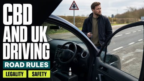A driver stands beside a parked right-hand-drive car on a British roadside with keys in hand and an unopened CBD product visible inside.