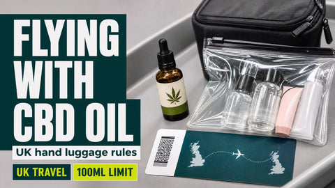 A small amber hemp-oil bottle and boarding pass sit beside a clear liquids bag in a compact UK airport travel kit.