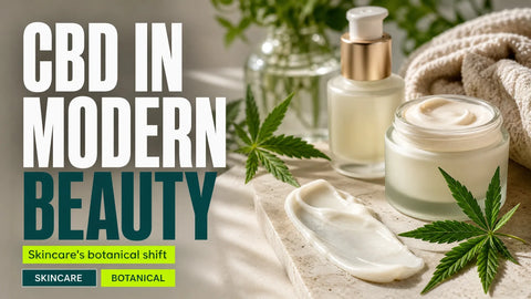 A polished beauty vanity displays a cream swatch, minimalist skincare vessels, and fresh hemp leaves in soft window light.