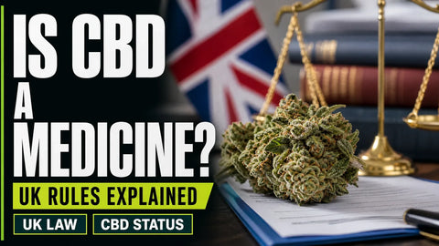 A detailed hemp flower rests on a British regulatory desk beside official-looking papers and a small legal scale.