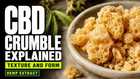 Pale amber CBD crumble rests in a ceramic dish, revealing its dry porous texture beside softly blurred hemp botanicals.