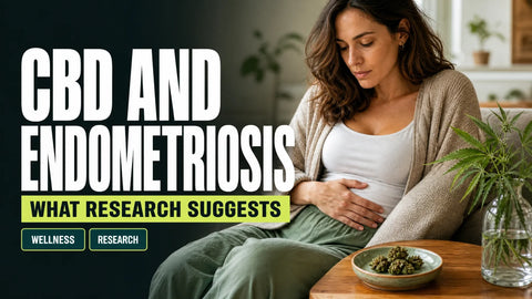 A woman rests at home with her hand over her lower abdomen beside a small ceramic dish of hemp flowers.