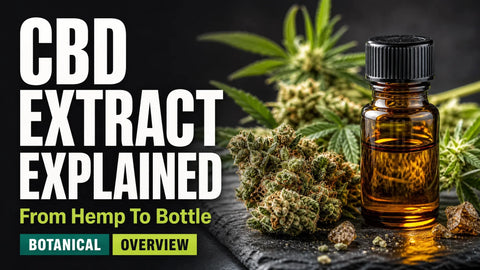 A premium still life shows a sealed amber bottle of hemp extract beside detailed hemp flowers and leaves on a dark stone surface.