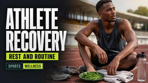 An athlete rests beside a running track with training shoes, a water bottle, and fresh hemp leaves nearby.