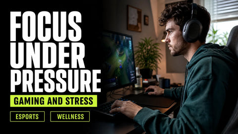 A focused gamer plays at a home desk while a small hemp plant sits softly blurred in the background.