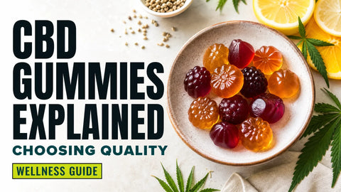 Glossy amber and berry-colored CBD gummies sit in a small dish beside citrus pieces and a hemp sprig on a pale stone surface.