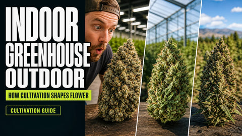 Three hemp flowers are shown side by side against indoor, greenhouse, and outdoor cultivation settings.