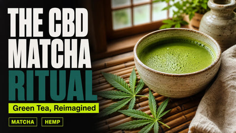 A vivid green matcha drink in a ceramic bowl sits on a bamboo mat beside fresh hemp leaves in a softly lit home.