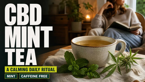 A cup of mint tea sits on a quiet home table beside fresh leaves and a hemp sprig, with a relaxed figure softly blurred in the background.