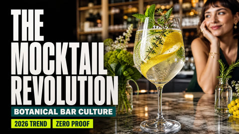 A pale botanical mocktail with citrus and herbs sits on a polished bar in a warmly lit contemporary venue.