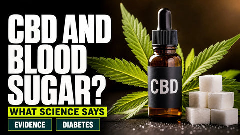 An amber CBD oil bottle and fresh hemp leaves sit beside a small cluster of sugar cubes in a carefully lit editorial still life.
