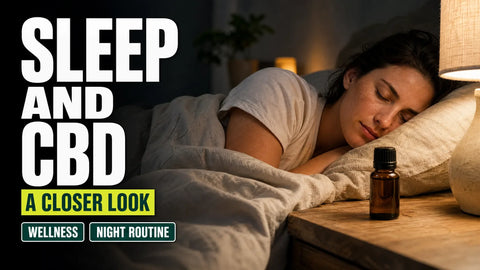An adult rests in a softly lit bedroom beside a closed amber hemp oil bottle on a wooden bedside table.