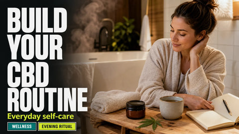 An adult sits beside a warmly lit bath with a towel, herbal tea, journal, and closed hemp wellness balm jar arranged nearby.