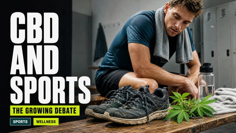 An athlete rests on a locker-room bench beside worn running shoes, training gear, and a small hemp sprig.
