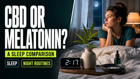 A split bedroom scene compares a hemp sprig beside warm bedding with a moonlit bedside clock representing different approaches to sleep.