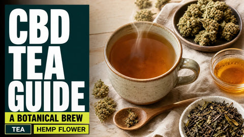 A ceramic mug of amber hemp flower tea sits among dried hemp flowers, loose tea leaves, honey, and a wooden spoon on a warm tabletop.