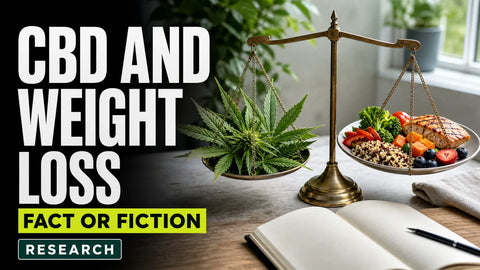 Hemp leaves and a balanced plate sit on opposite sides of a brass balance scale beside an open notebook in a softly lit workspace.