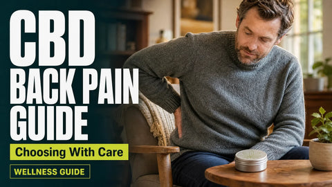 An adult seated at home rests a hand near the lower back beside an unbranded hemp balm tin on a wooden table.