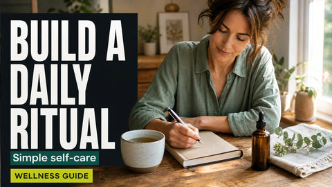 An adult sits at a sunlit home table with a journal, herbal tea, folded linen, and an unbranded hemp wellness bottle.