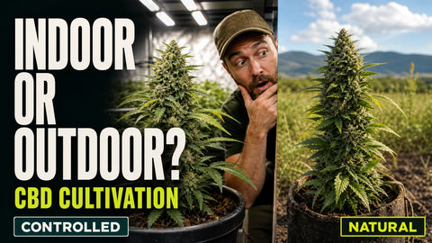 A split editorial image compares a flowering hemp plant under indoor grow lights with another flowering plant standing in a sunlit outdoor field.