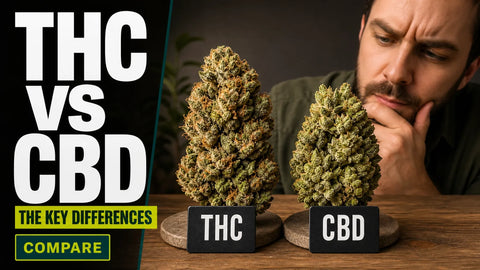 Two hemp flower specimens sit side by side in a refined tabletop comparison labeled THC and CBD.