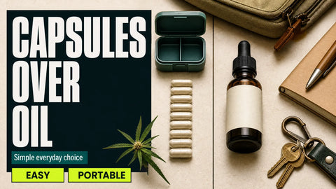 Top-down editorial still life comparing neatly arranged hemp capsules in a travel case with an amber hemp oil bottle and everyday portable accessories