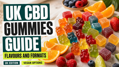 Colorful CBD gummy bears and cubes are arranged with citrus and berries on a pale stone surface.