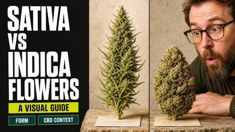 Two contrasting hemp flowers are presented side by side, one elongated and airy and the other compact and dense.