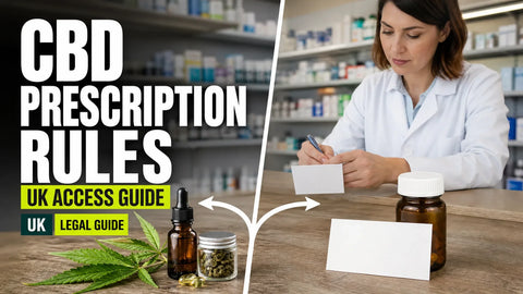 A split editorial still life on a UK pharmacy counter shows a hemp sprig, a Union Jack accent and two distinct routes for accessing hemp-based products.