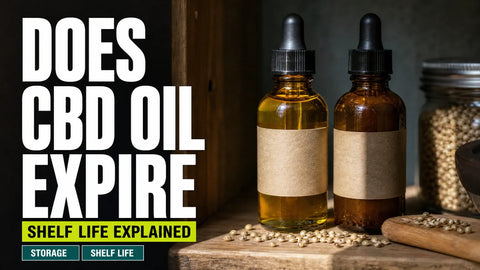 Two sealed amber CBD oil bottles sit on a shaded wooden shelf, with one appearing clear golden and the other darker and cloudy.