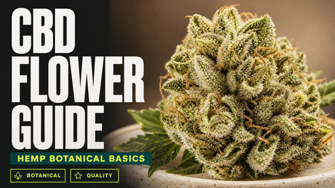 A detailed macro photograph shows a frosty CBD-rich hemp flower bud with layered bracts, fine hairs, and subtle green leaves on a warm neutral surface.
